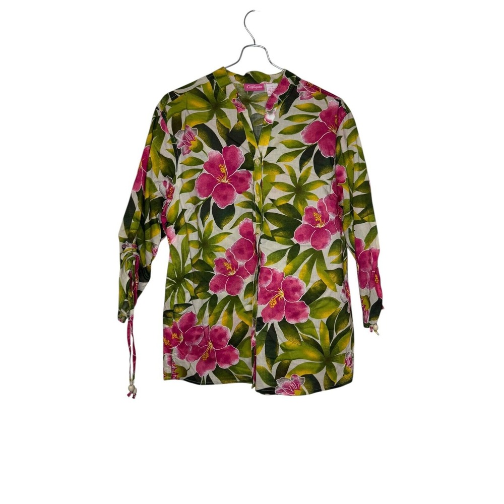 Pappagallo Women Top Tropical 3/4 Tie Sleeve Sand Hibiscus V-Neck Button  Medium